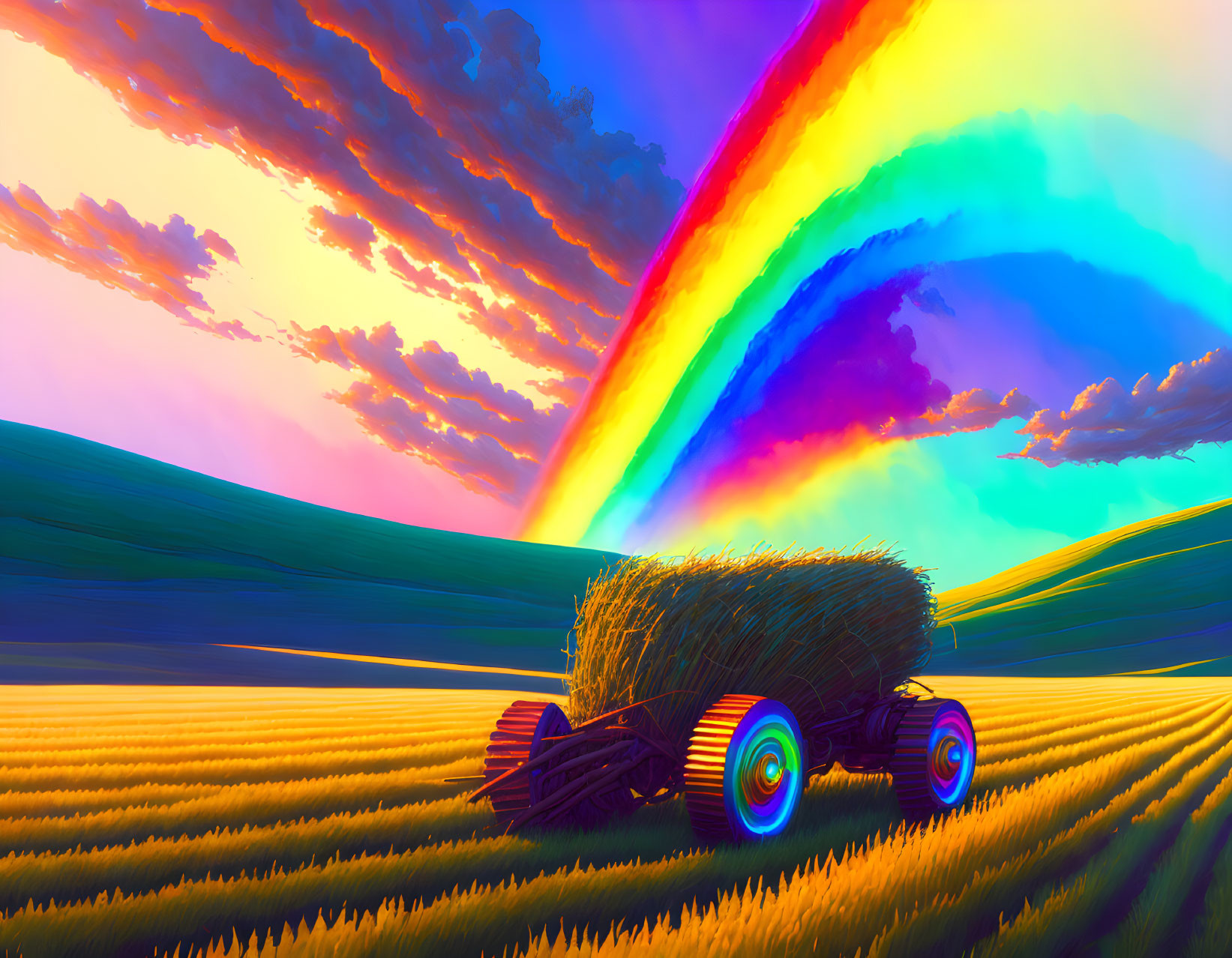 Colorful landscape with hills, tractor, hay bales, rainbow, and dynamic sky