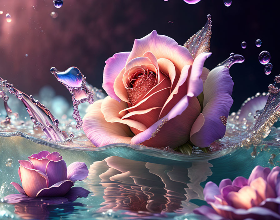 Pink Rose Emerging from Rippling Water with Floating Petals and Glistening Droplets