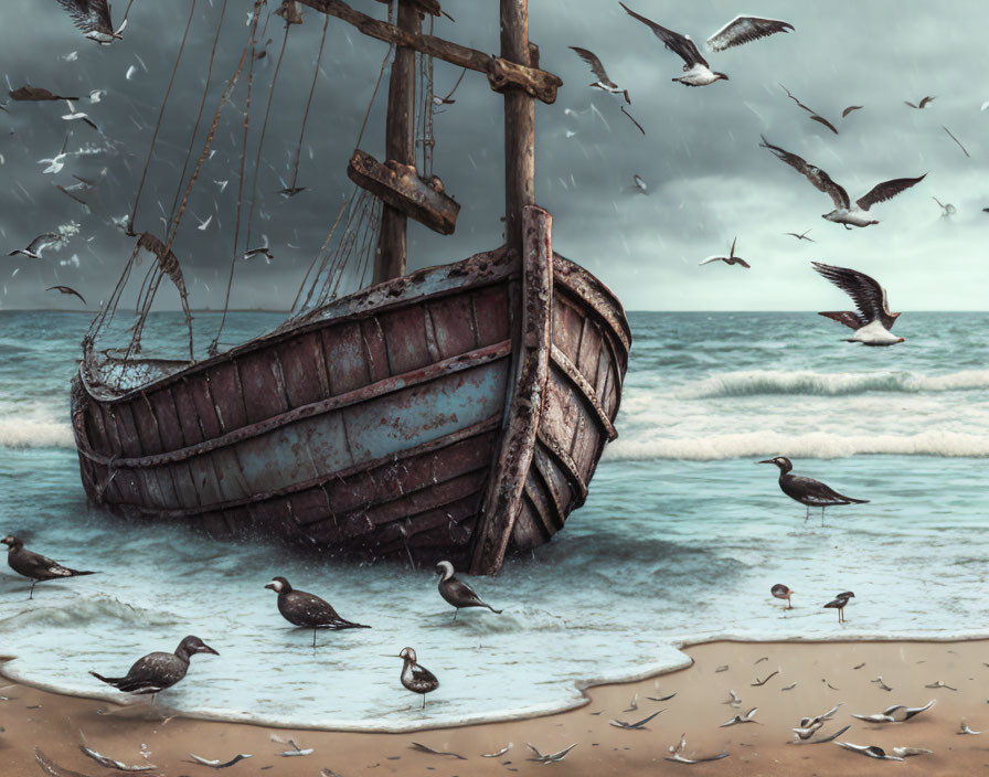 Rusty shipwreck on beach under stormy sky with seagulls