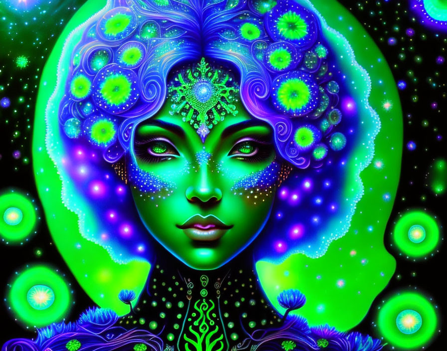 Colorful digital artwork: Female figure with green skin and floral patterns on neon background