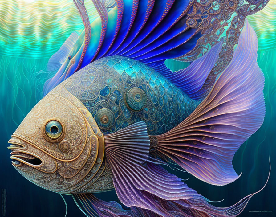 Colorful Digital Artwork of Ornate Fish on Aqua Background