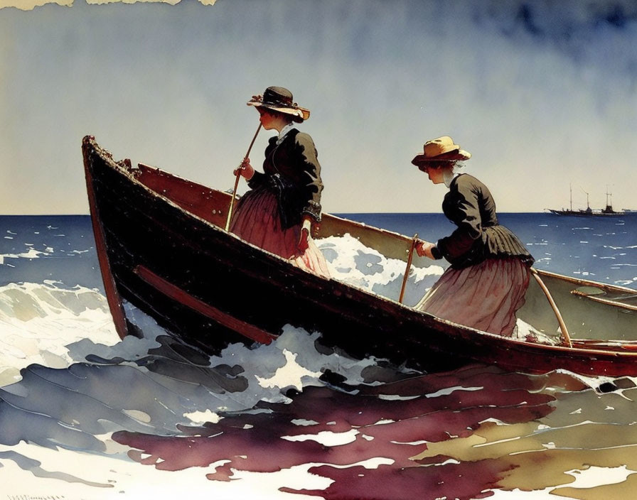 Vintage-dressed women in rowboat near shore with ship on horizon