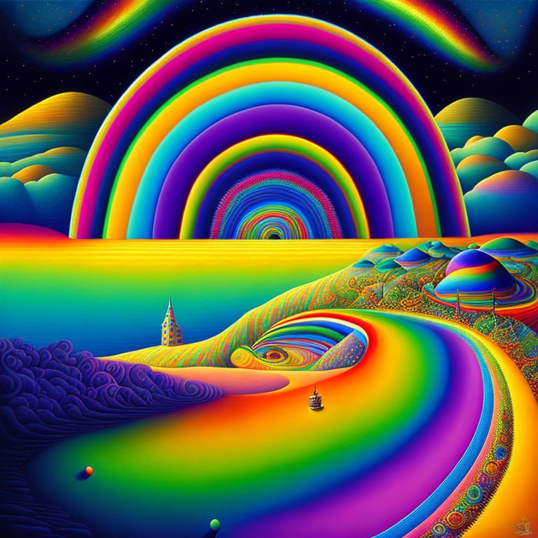 Colorful Psychedelic Landscape with Rainbows, Hills, Lighthouse, and Boat