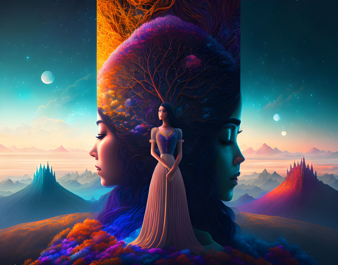 Vivid surreal illustration of three women's profiles in colorful landscape