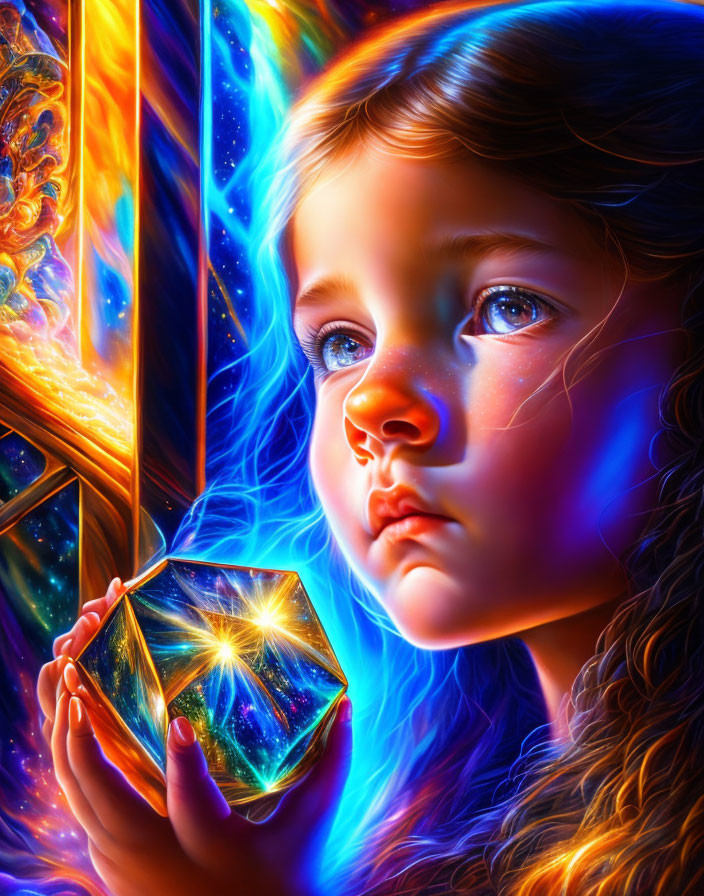 Captivating blue-eyed girl holding glowing crystal in cosmic setting