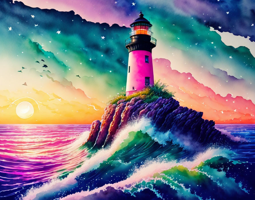 Digital artwork featuring lighthouse on rocky cliff with colorful sunset, crashing waves, starry sky, and