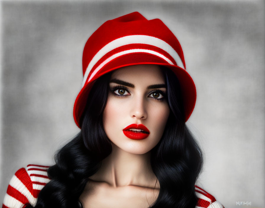 Portrait of woman with striking makeup, long wavy hair, red and white hat, against grey background