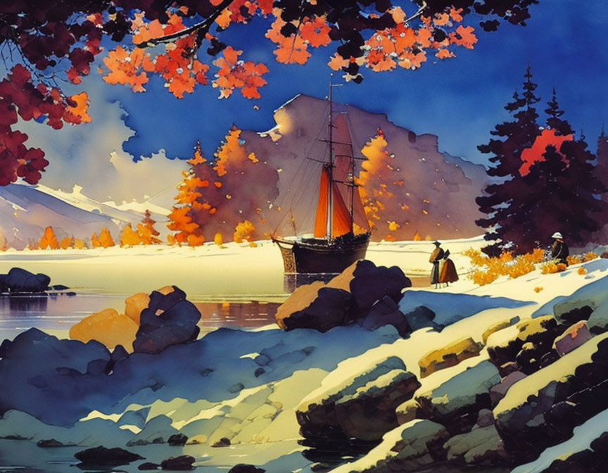 Serene sailboat scene in watercolor with autumn trees and snow-covered rocks