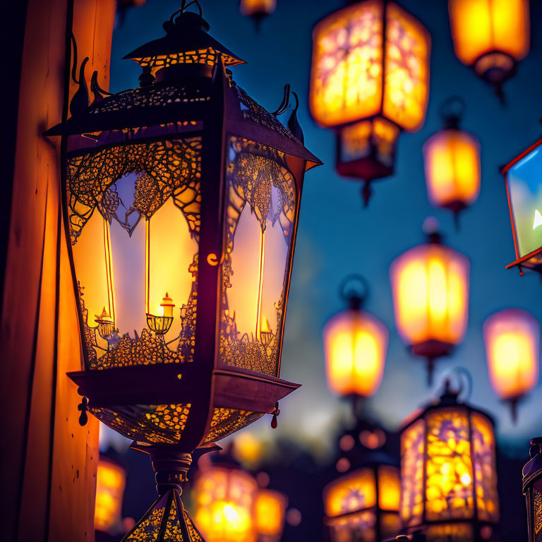 Vintage lantern close-up with intricate patterns glowing warmly against twilight bokeh background.