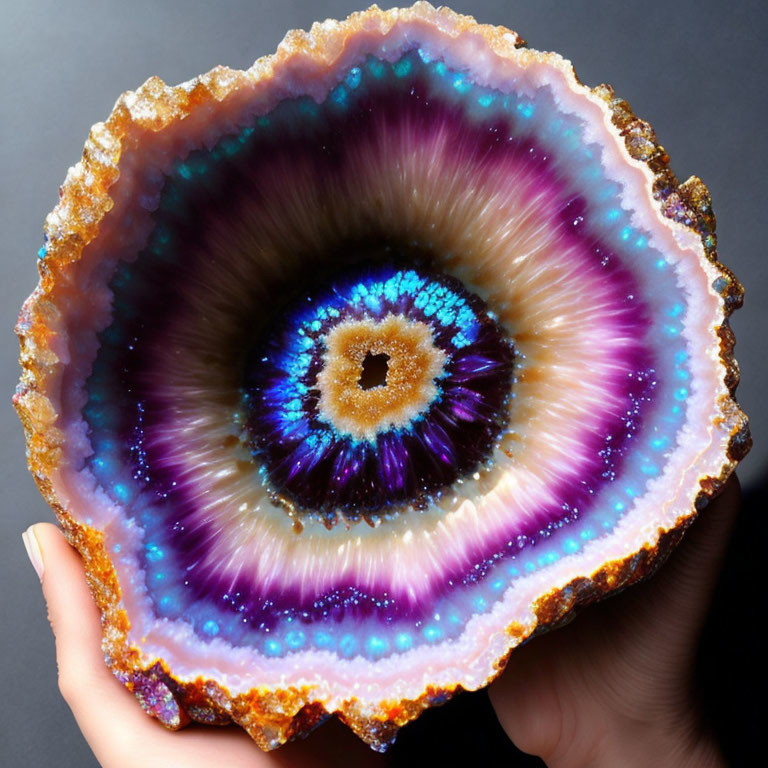 Vibrant geode with concentric circles in purple, blue, white, and brown