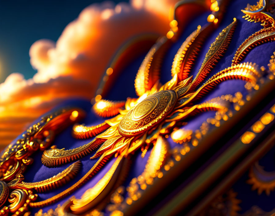 Digital artwork: Vibrant gold filigree on blue sky with orange clouds