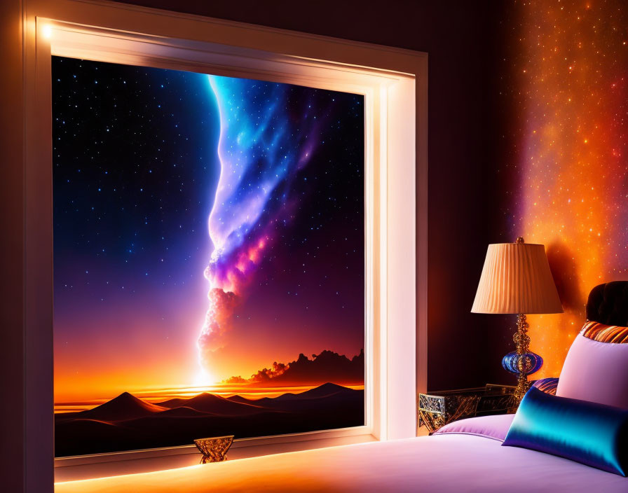 Cozy bedroom interior with large window showing vibrant aurora and starry sky.