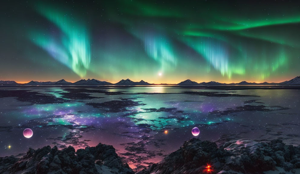 Spectacular Aurora Borealis Over Icy Landscape