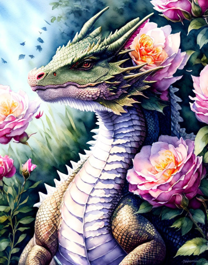 Green Dragon Among Pink Roses: Fantasy meets nature in stunning image