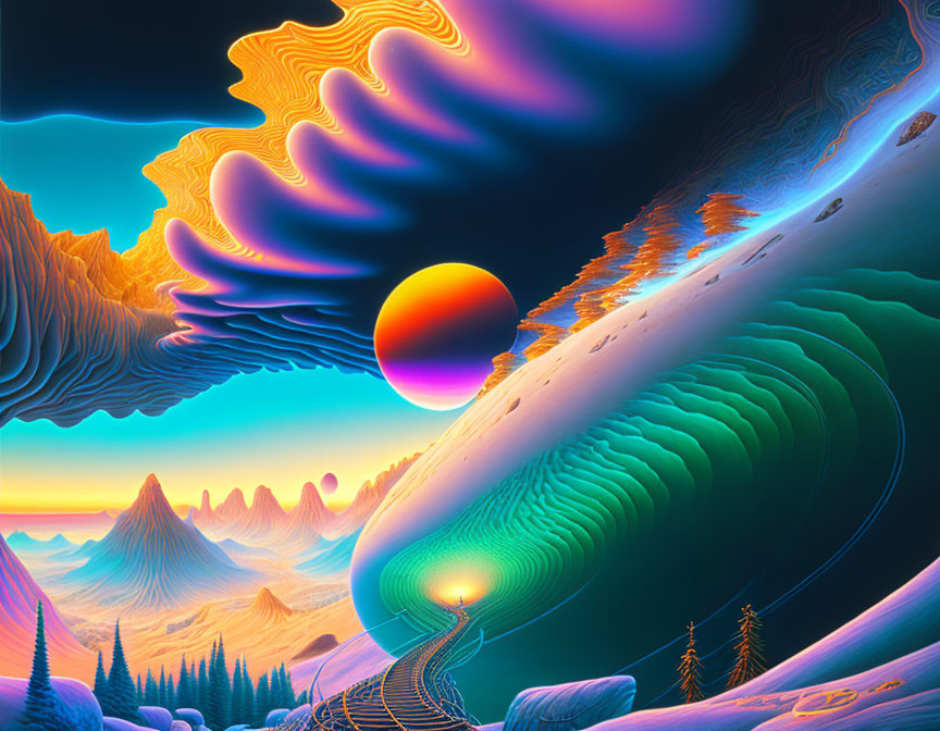 Colorful digital artwork: surreal landscapes, glowing orb, luminous path.