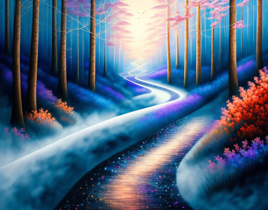 Colorful Glowing Forest Scene with Radiant Trees