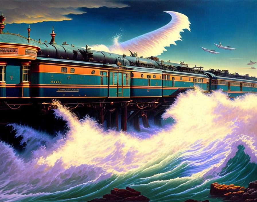 Vintage train rides on coastal track above surging blue waves with comet in twilight sky