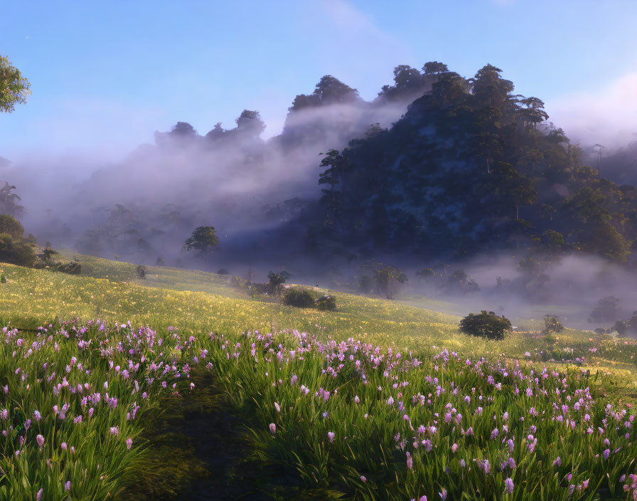 Tranquil landscape with misty hills, meadow of purple flowers.