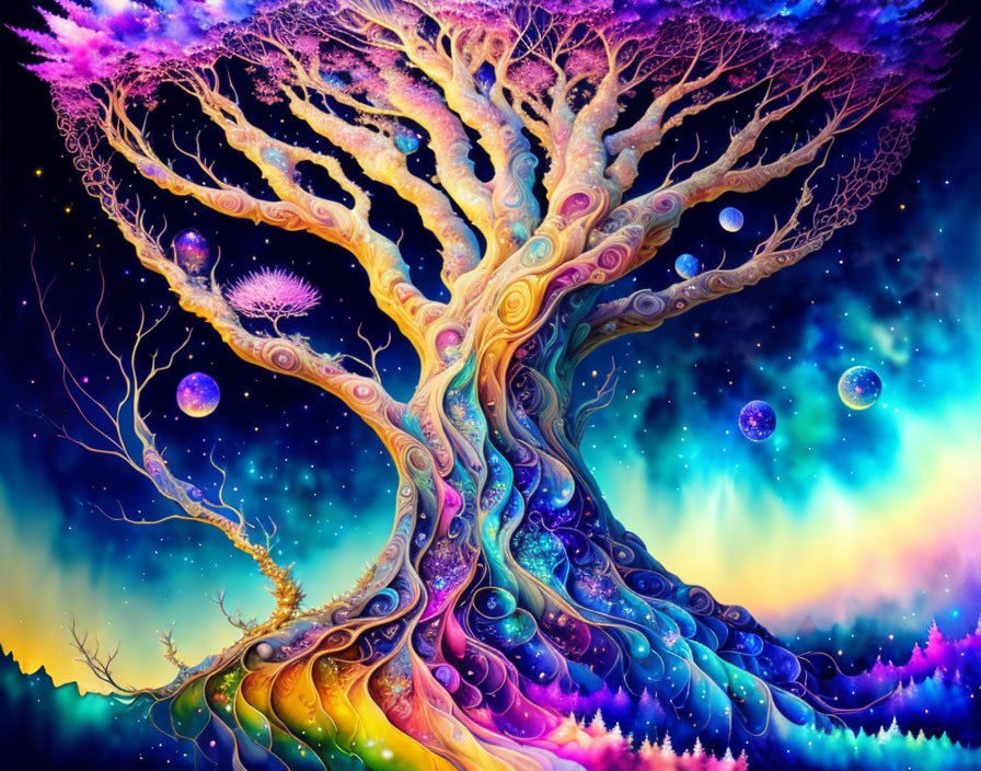 Colorful Psychedelic Tree Against Starry Sky with Swirling Patterns