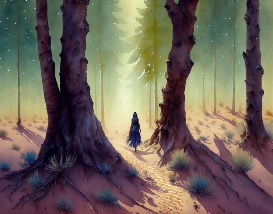 Mystical forest scene with lone figure in cloak