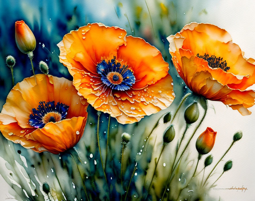 Colorful orange poppies with blue centers and water droplets on textured background