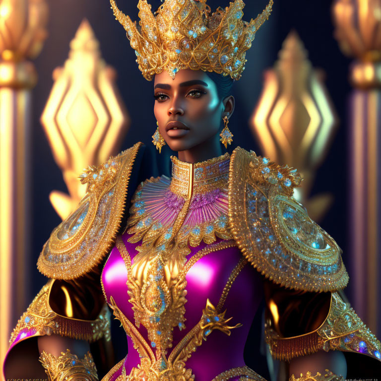 Regal Figure in Golden Ornate Headdress and Armor with Purple Accents