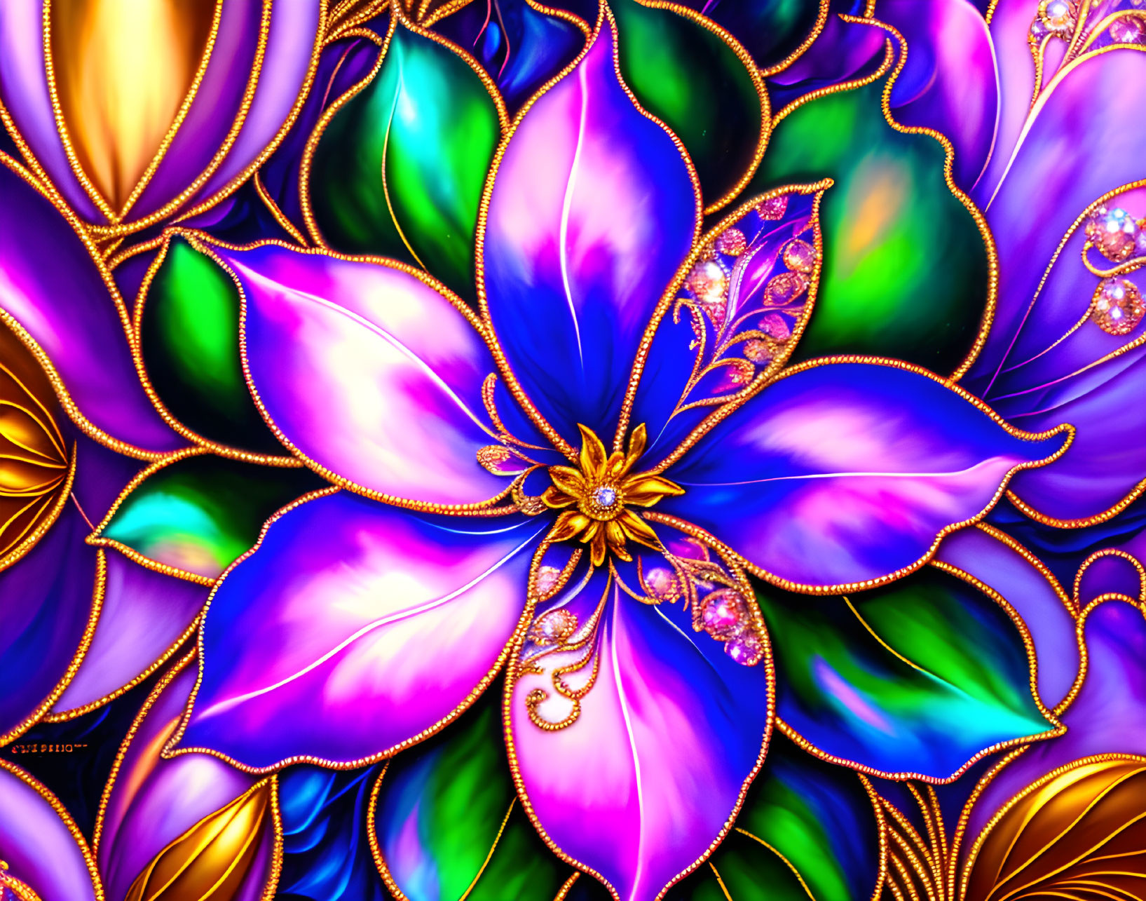 Colorful digital art: Ornate flower with purple and blue petals, golden accents