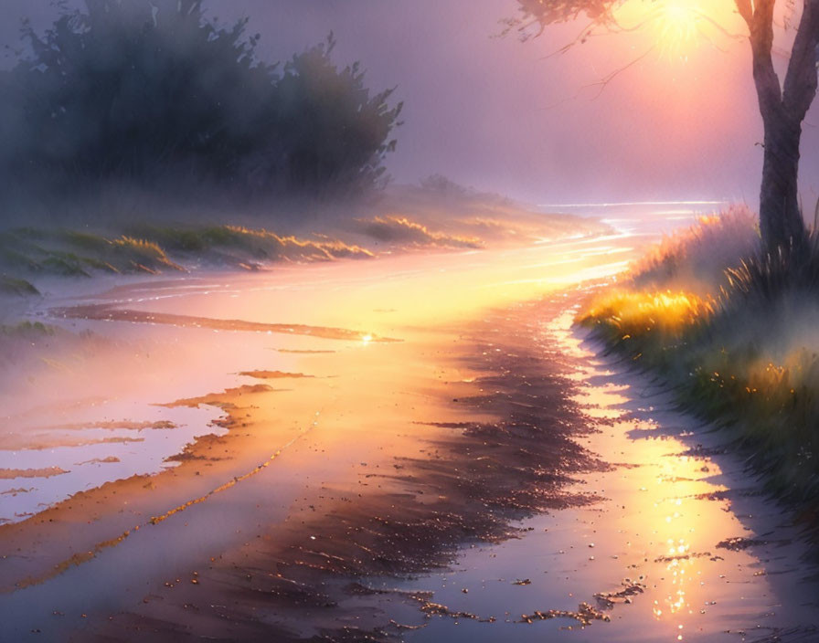 Tranquil sunset scene with glowing sun on wet pathway