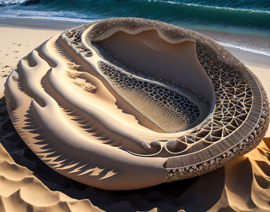 Digital Nautilus Shell Structure on Sandy Beach by Ocean Waves