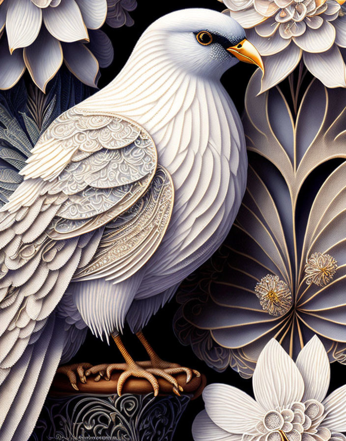 Detailed White Pigeon Illustration Among Stylized Flowers