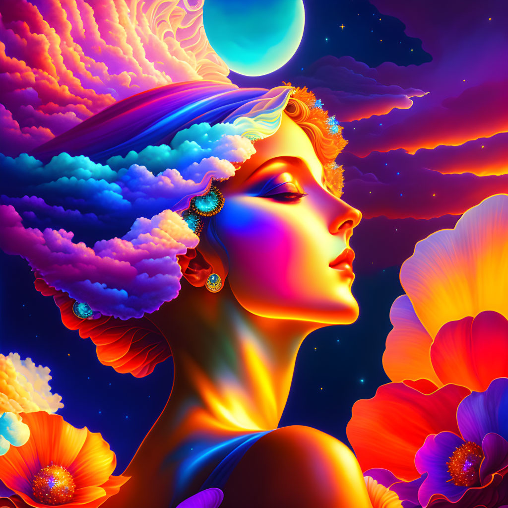 Colorful Woman's Profile Illustration with Cloud Hair and Night Sky Background