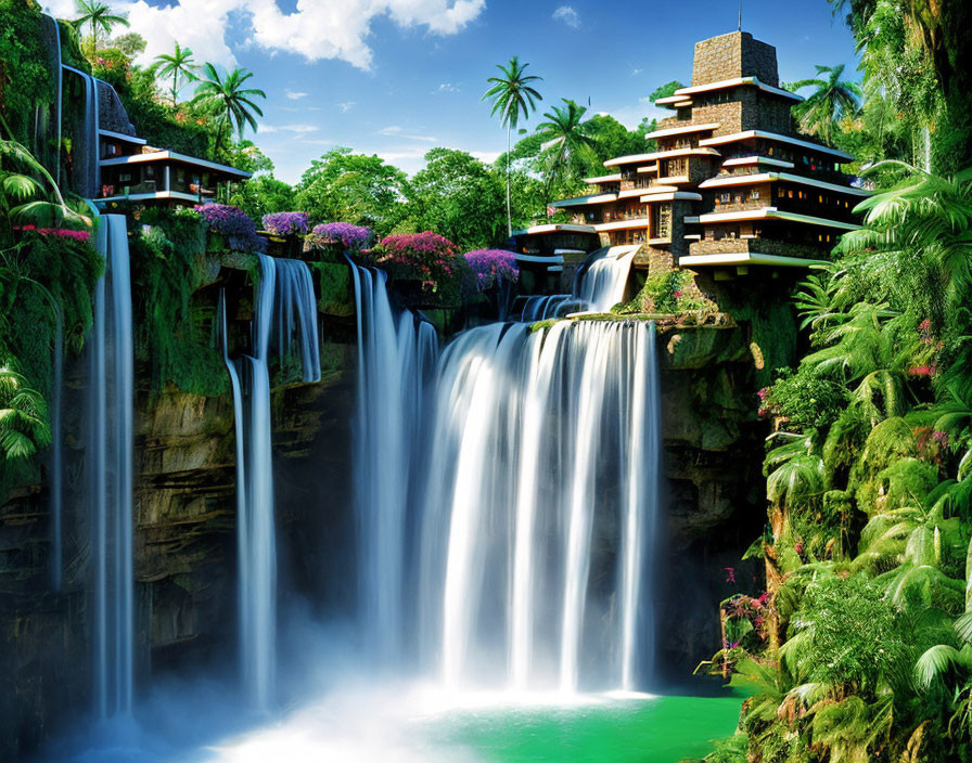 Lush Waterfall Landscape with Unique Integrated Building