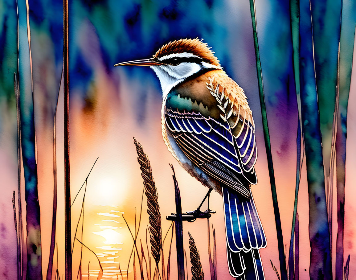 Colorful bird in reeds against watercolor sunset.