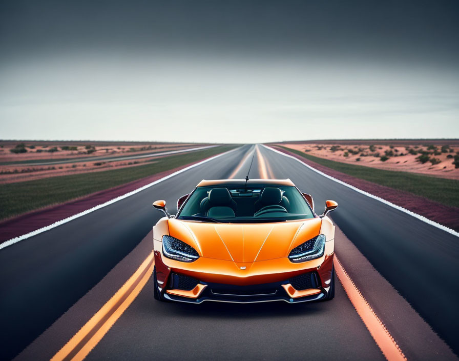 Vibrant orange sports car on deserted road at dusk