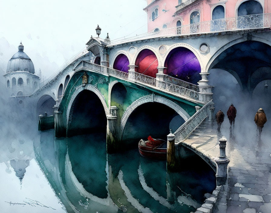 Ornate bridge over canal with boat and colorful buildings