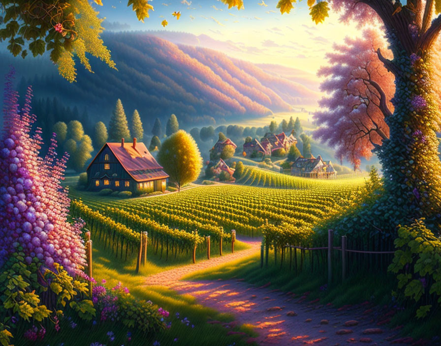 Scenic village with vineyards, cozy house, and flowering trees at sunset