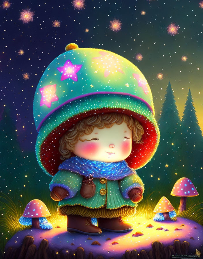 Child with space helmet and glowing mushrooms under starlit sky