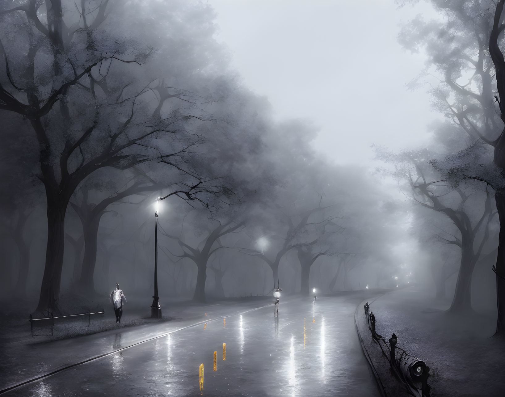 Solitary figure walking on foggy, tree-lined street at night