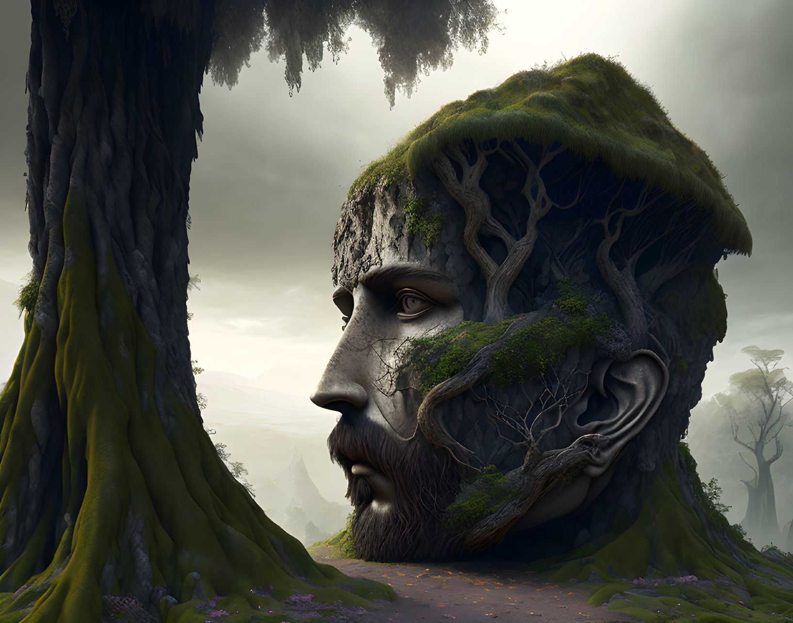 Surreal landscape: giant human head hill with moss-covered trees