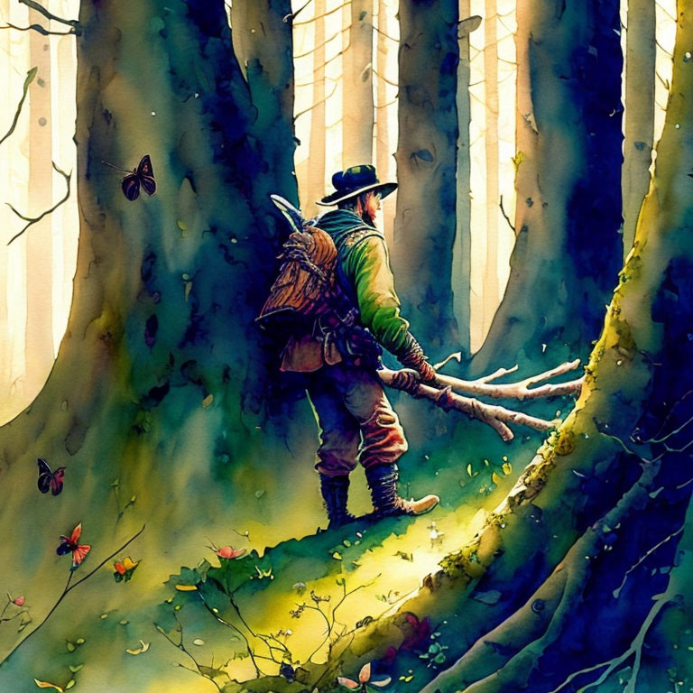 Adventurer in Hat and Backpack in Sunlit Forest with Butterflies