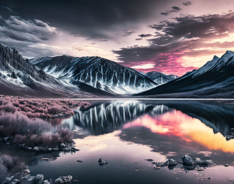 Tranquil Lake at Dusk with Snowy Mountains