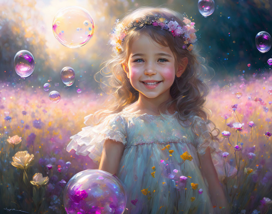 Young girl with floral crown in purple flower field with floating bubbles