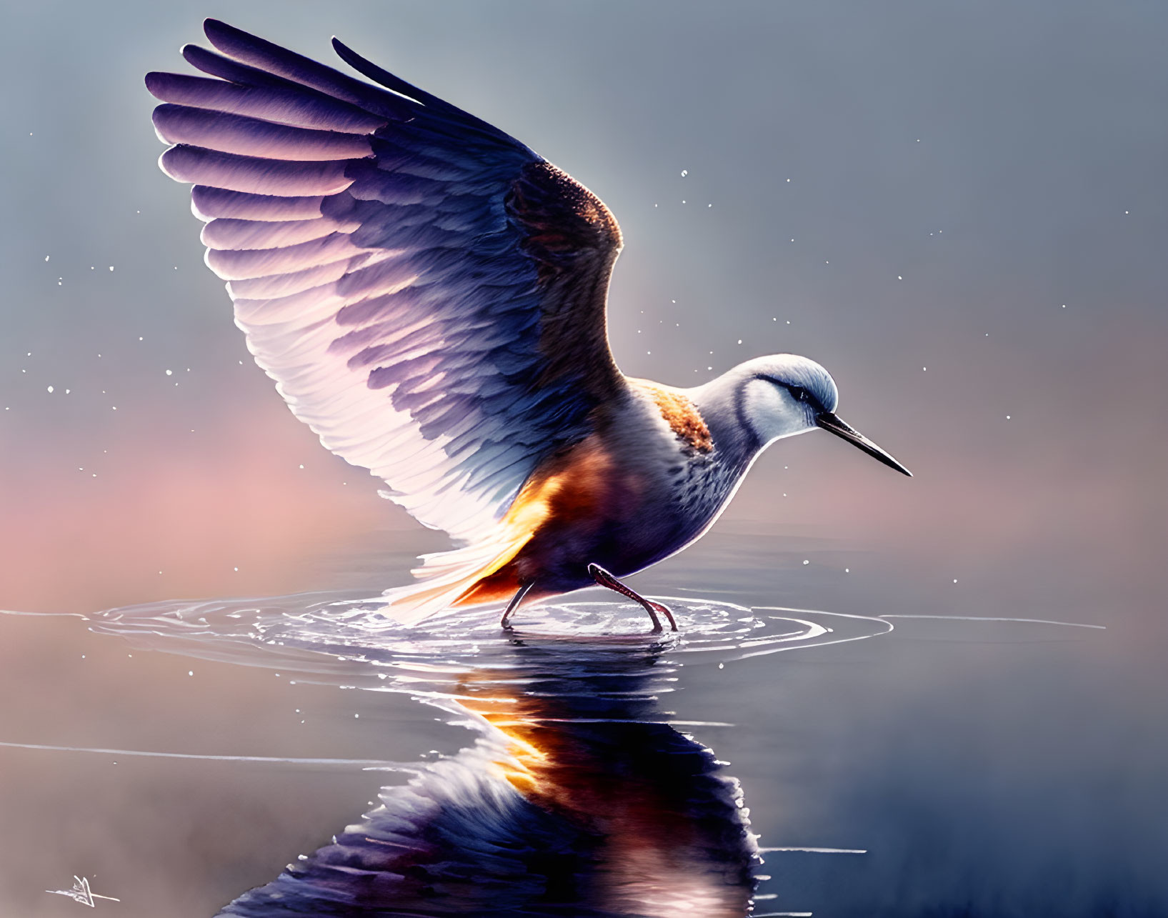 Bird with outstretched wings standing in water reflecting beneath warm-hued soft-focus background