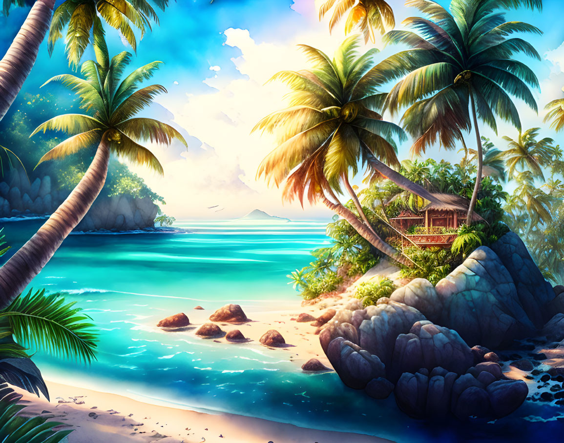 Tropical Beach Scene with Palm Trees, Hut, Rocks, and Blue Water