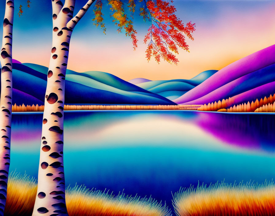 Colorful stylized landscape with birch trees, purple hills, lake, autumn foliage, twilight sky