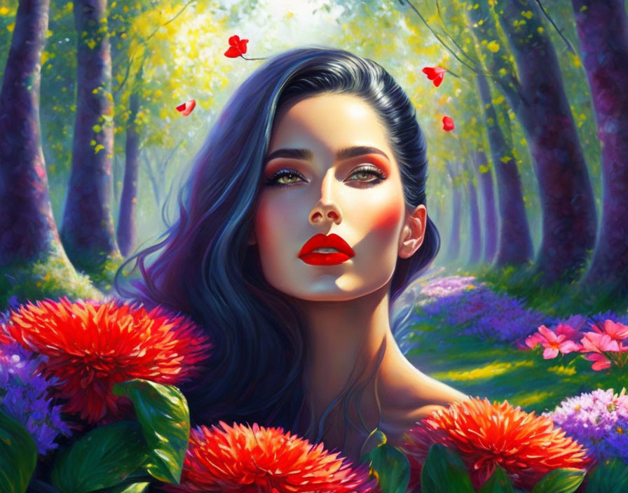 Woman with Red Lipstick Surrounded by Flowers in Sunlit Forest