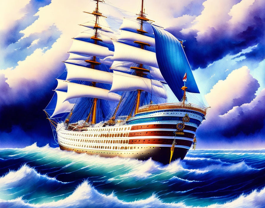 Majestic sailing ship with white sails on high seas