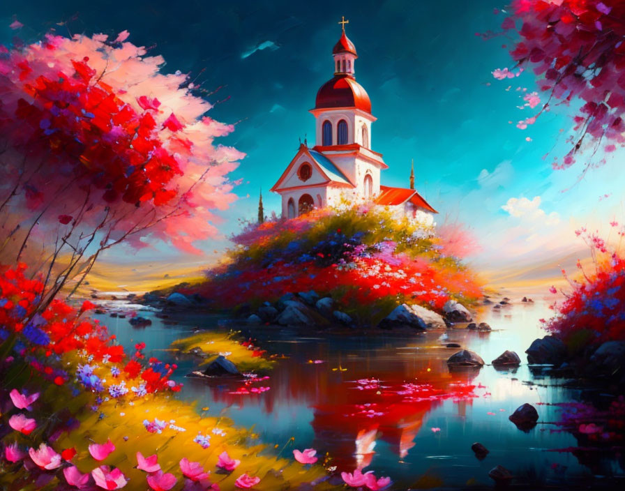 Colorful painting of church on islet surrounded by pink blossoms and serene water reflections