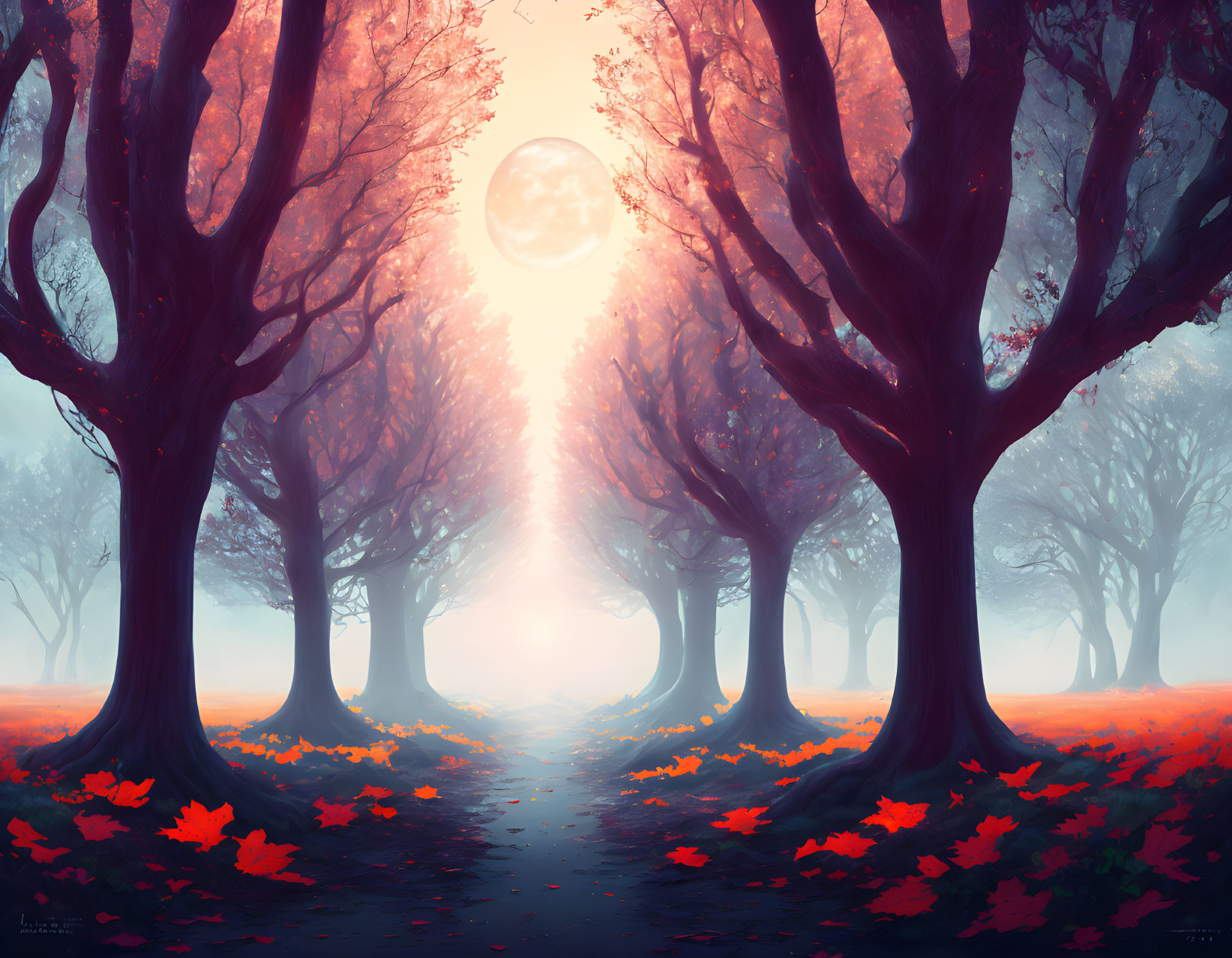 Fantasy landscape with vibrant pink and purple hues, moonlit path, majestic trees, and red leaves