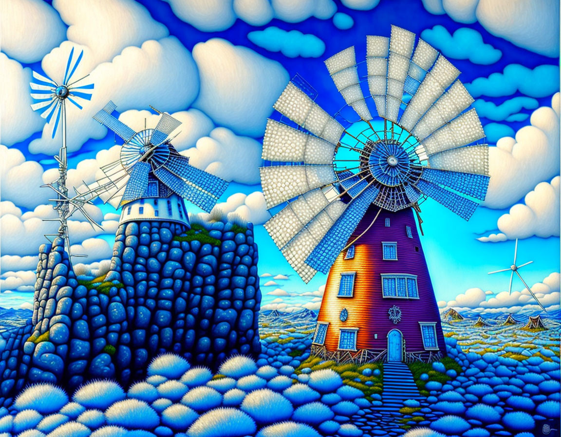 Colorful windmill landscape with rolling hills and fluffy clouds